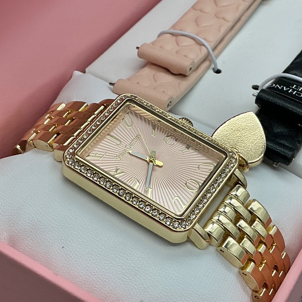 Juicy Couture Womens Watch Gold Tone Rhinestone Pink Dial 2 Extra Bands Box Set - Picture 6 of 8